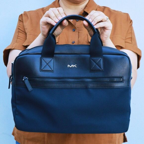 NWT Michael Kors Kent Sport Woven Double Zip Briefcase Navy $495+ - Picture 3 of 16